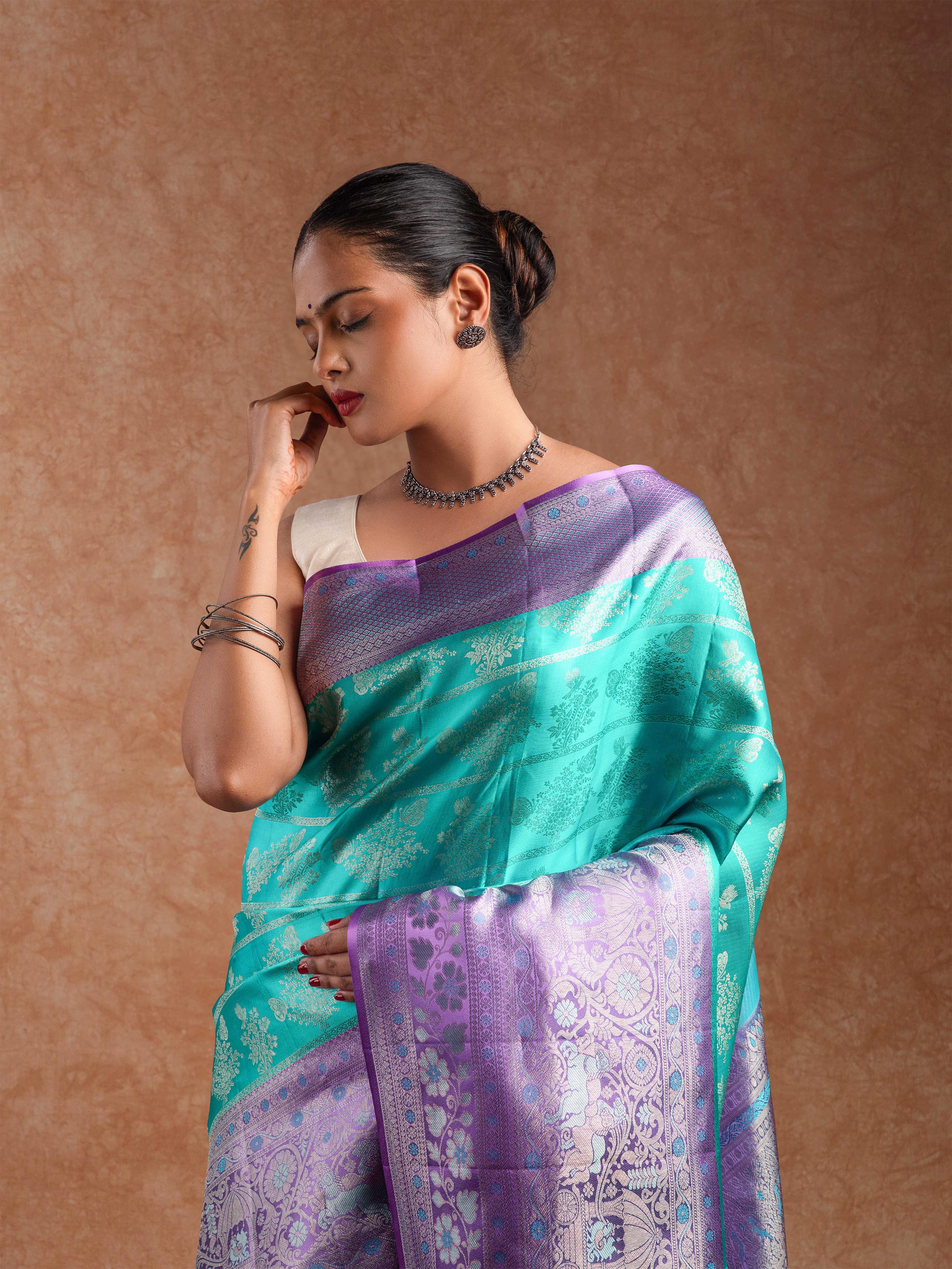 Kanjeevaram Raw Silk Saree in Aqua & Lilac