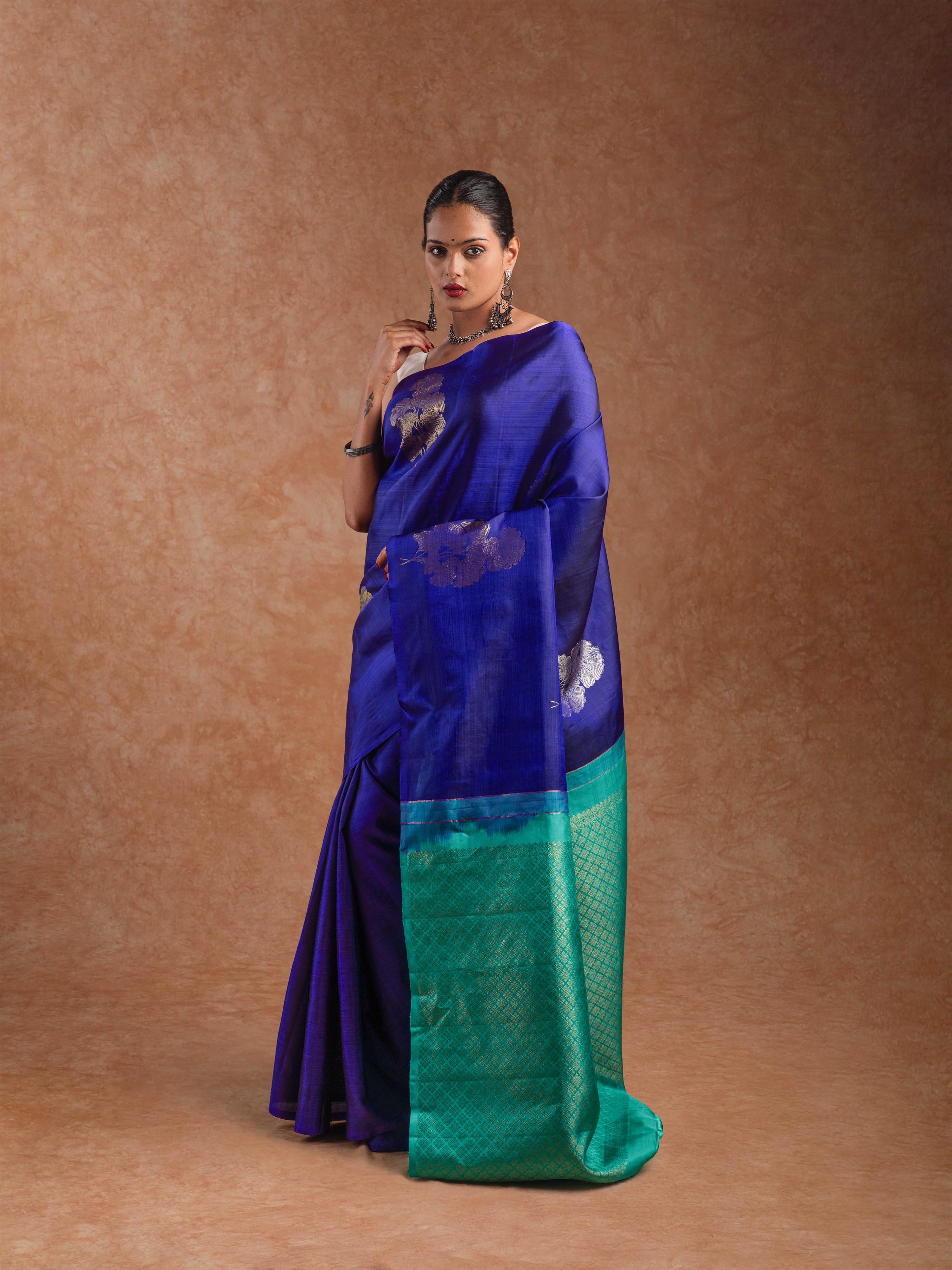 Kanjeevaram Raw Silk Saree in Indigo & Emerald