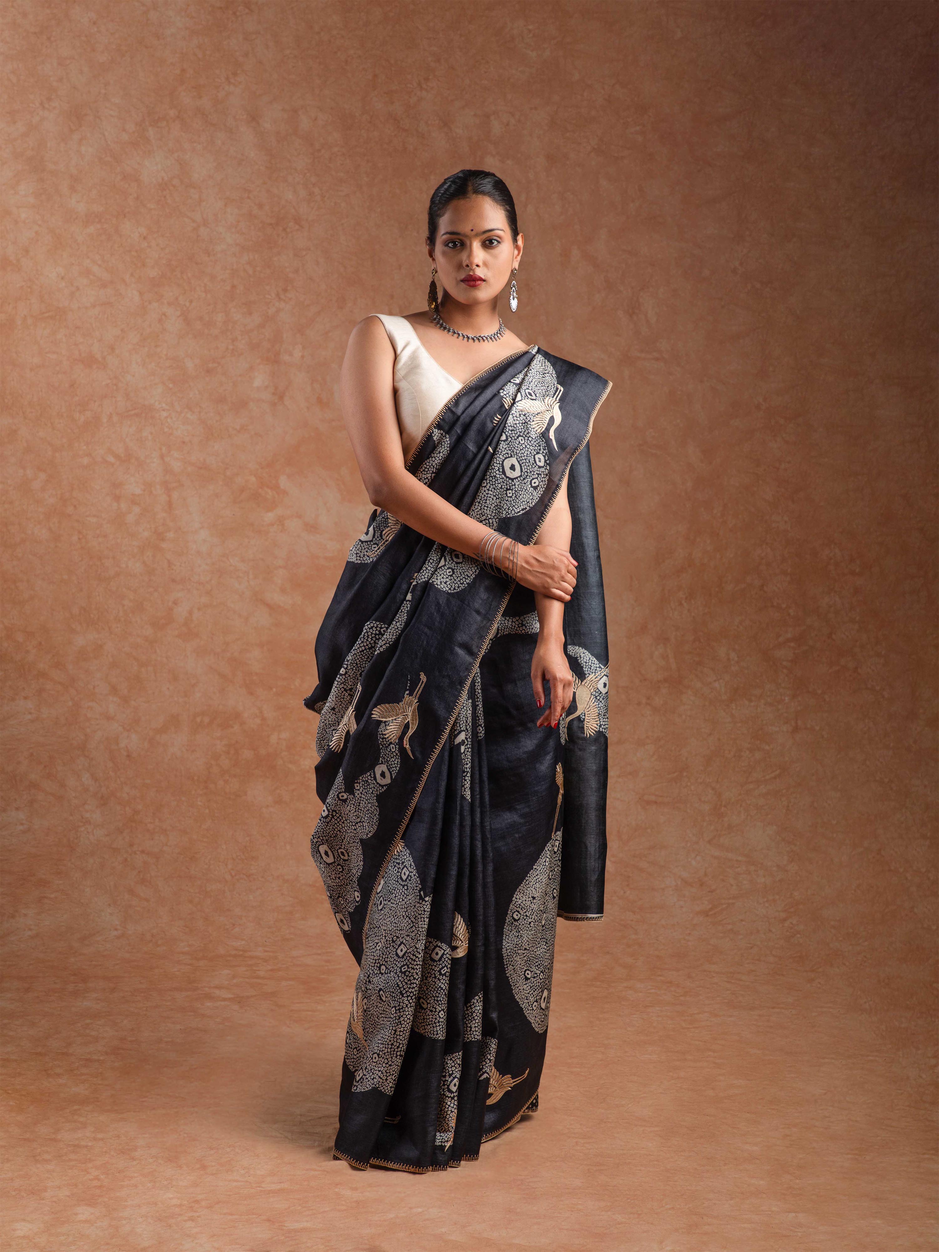 Tussar Silk Embroidered Saree in Ink Black & Ivory