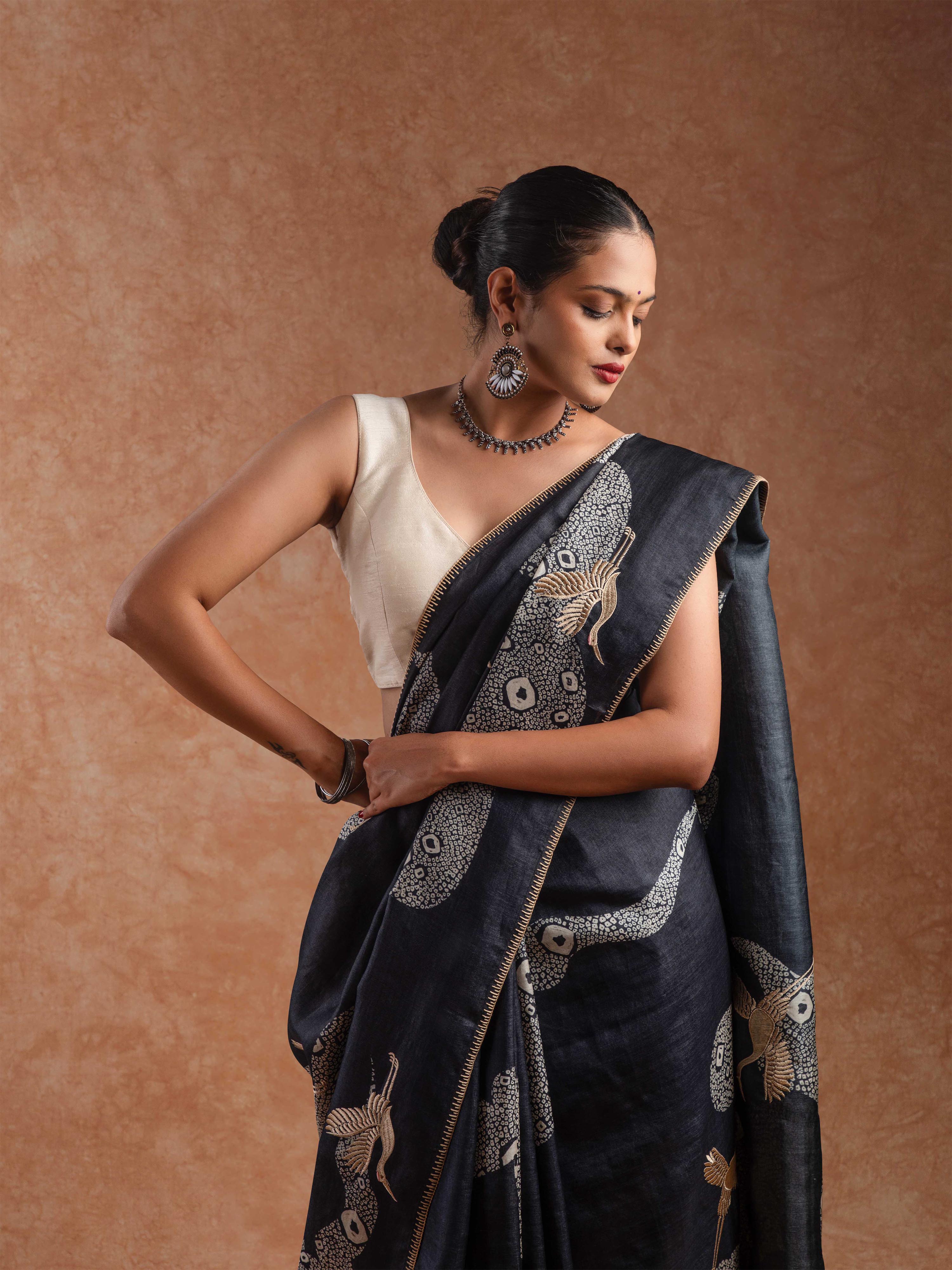 Tussar Silk Embroidered Saree in Ink Black & Ivory