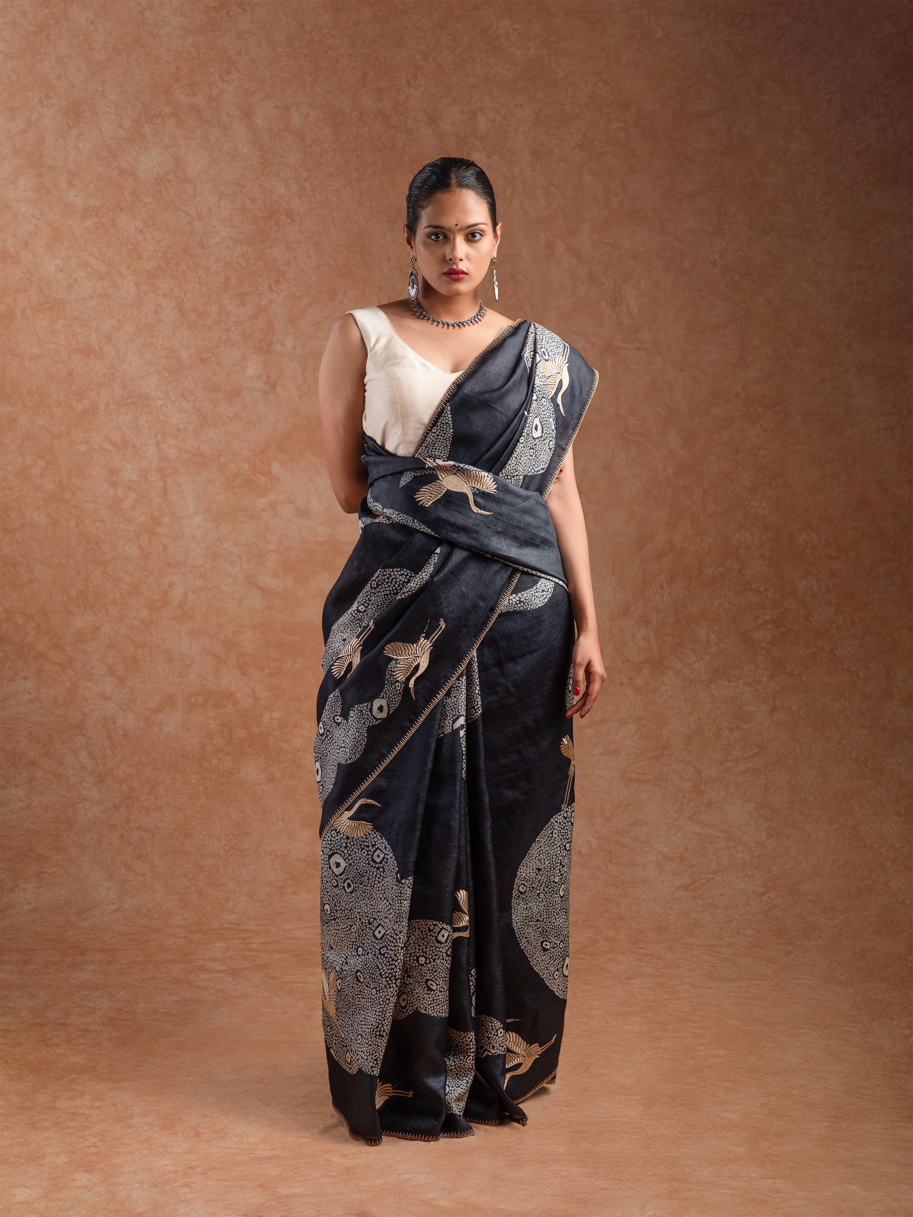 Tussar Silk Embroidered Saree in Ink Black & Ivory