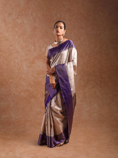 Kanjeevaram Handloom Soft Silk Saree in Champagne & Deep Violet