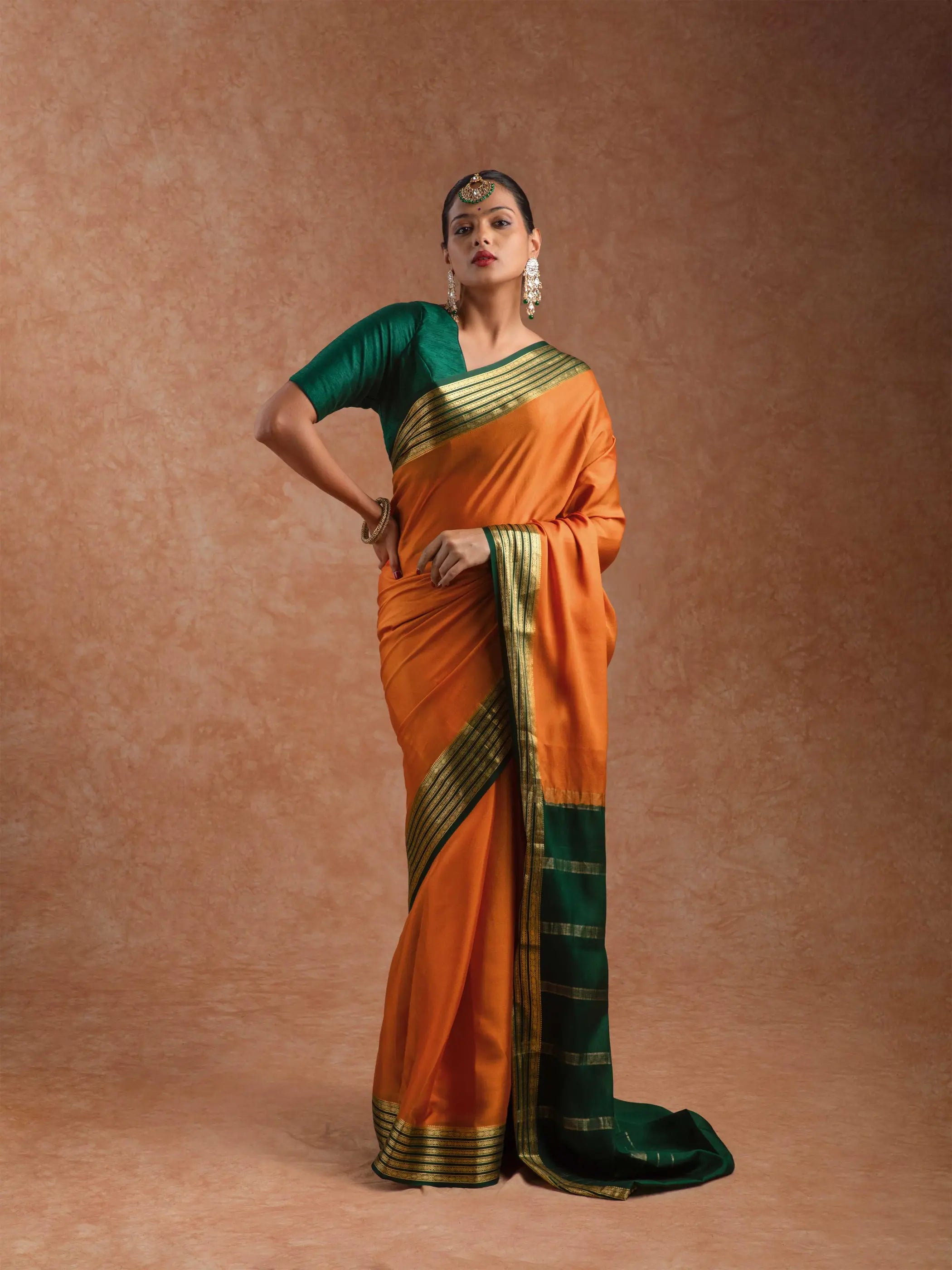 Mysore Crepe Silk Plain Saree in Burnt Orange & Forest Green