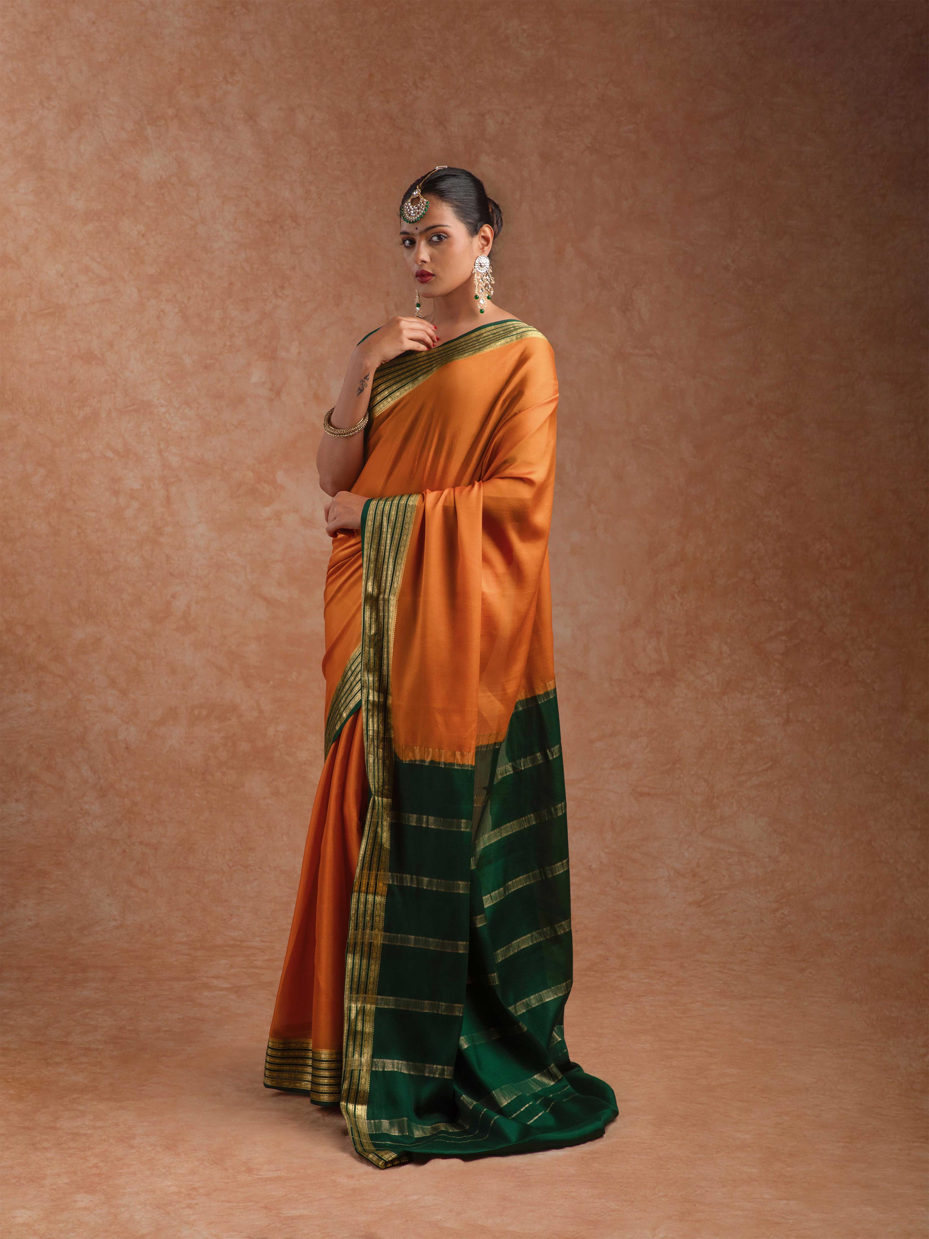 Mysore Crepe Silk Plain Saree in Burnt Orange & Forest Green