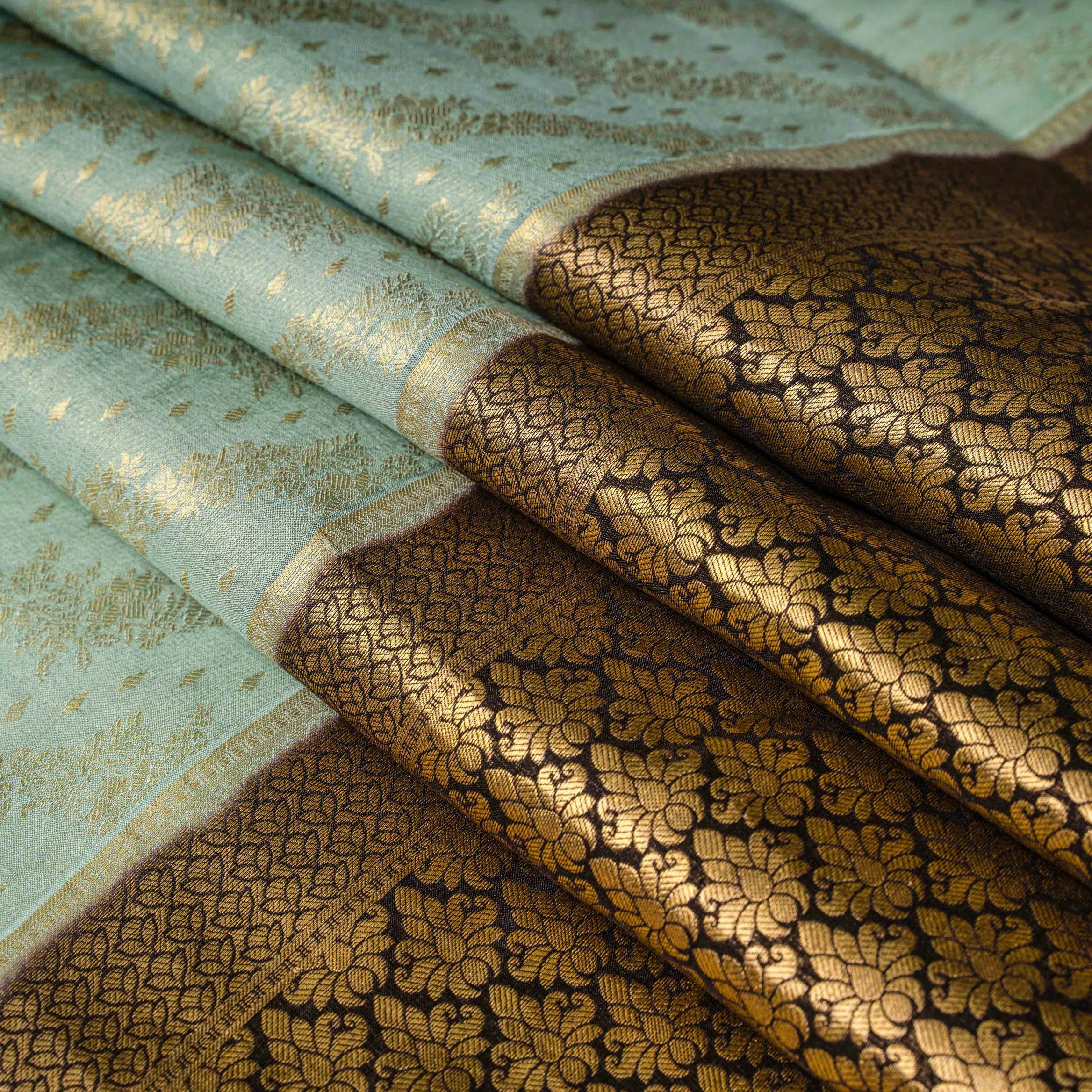 Mysore Crepe Silk Saree in Dusty Aqua & Jet Black