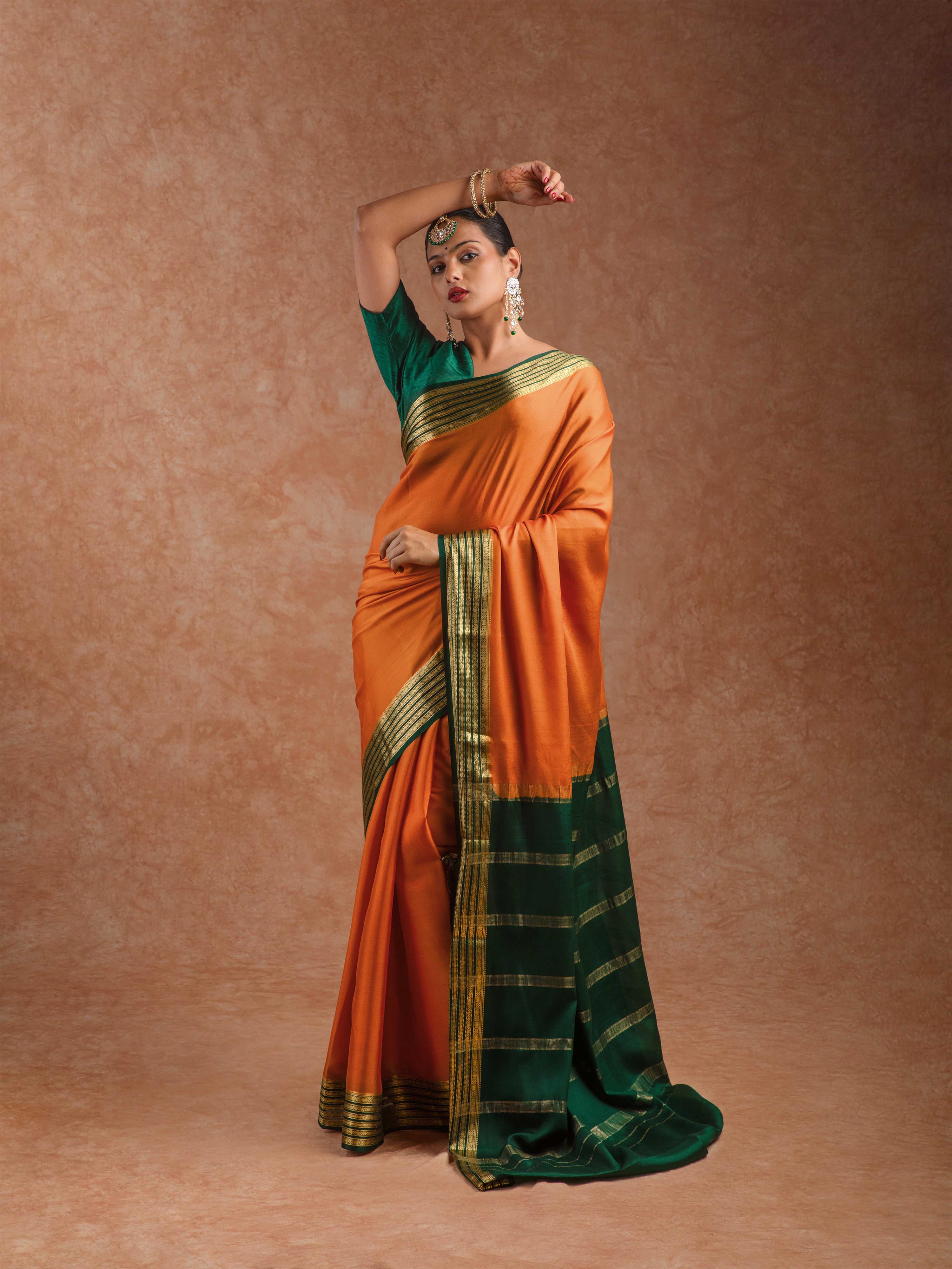 Mysore Crepe Silk Plain Saree in Burnt Orange & Forest Green