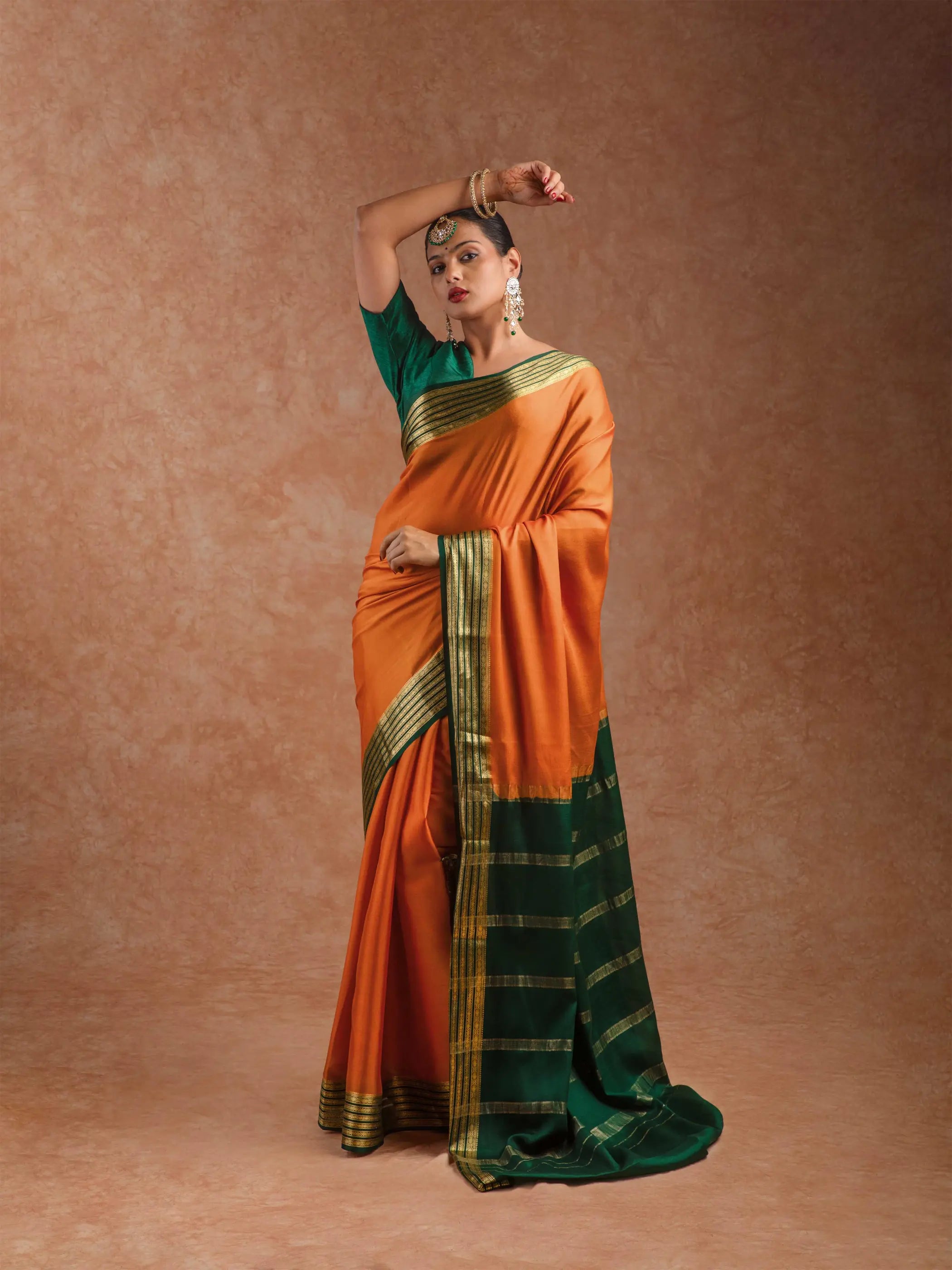 Mysore Crepe Silk Plain Saree in Burnt Orange & Forest Green
