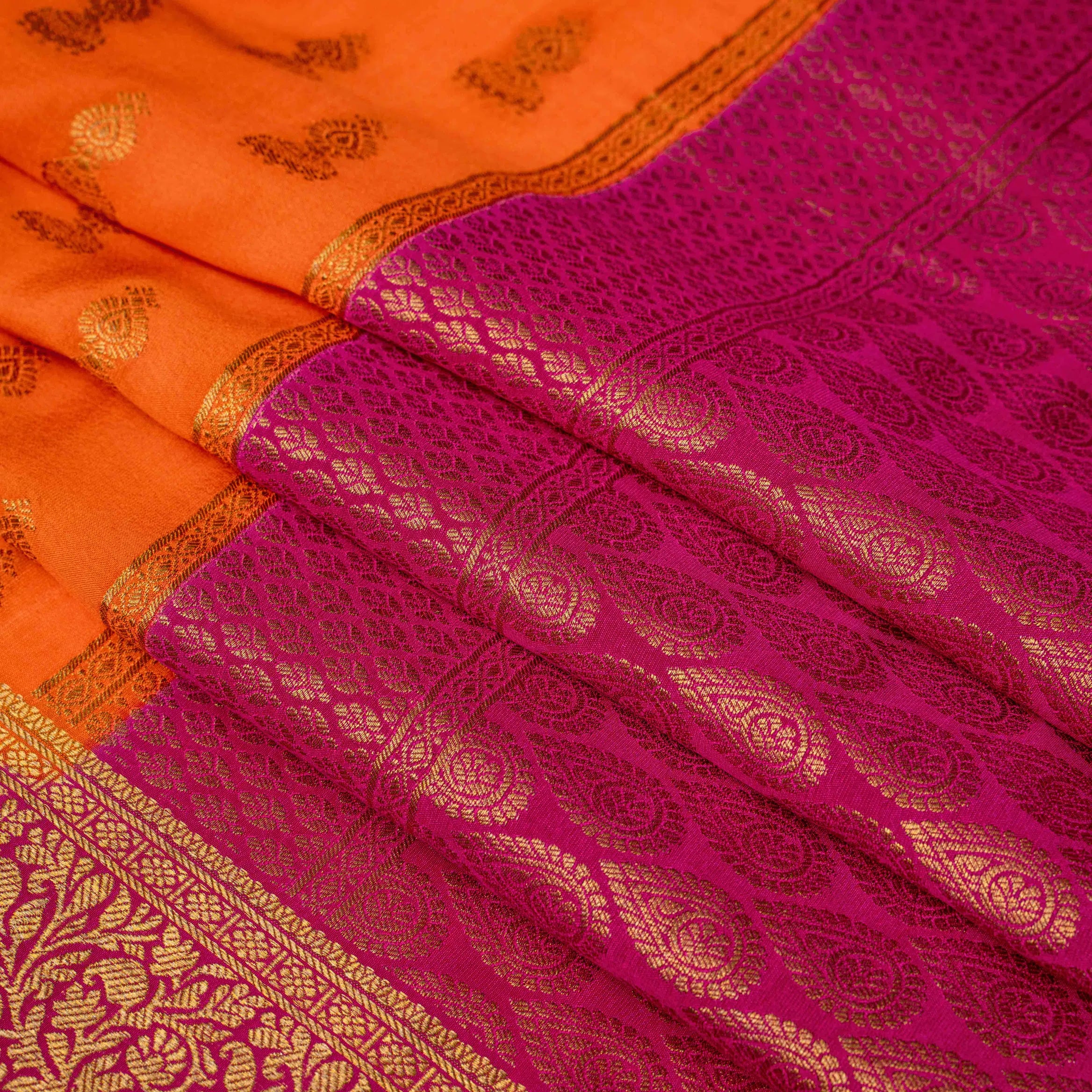 Mysore Crepe Silk Saree in Tangerine & Magenta