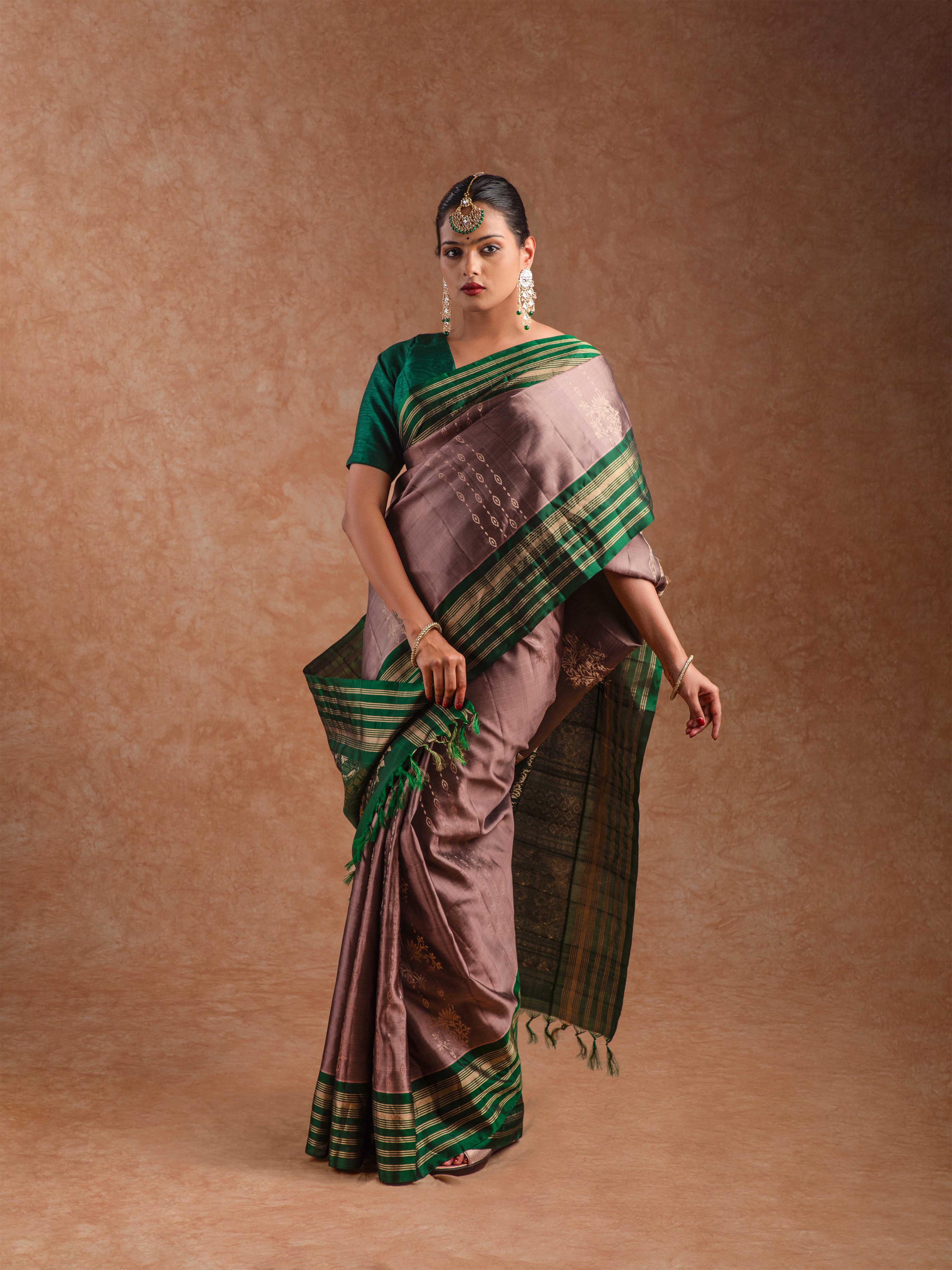 Kanjeevaram Soft Silk Saree in Cocoa & Forest Green