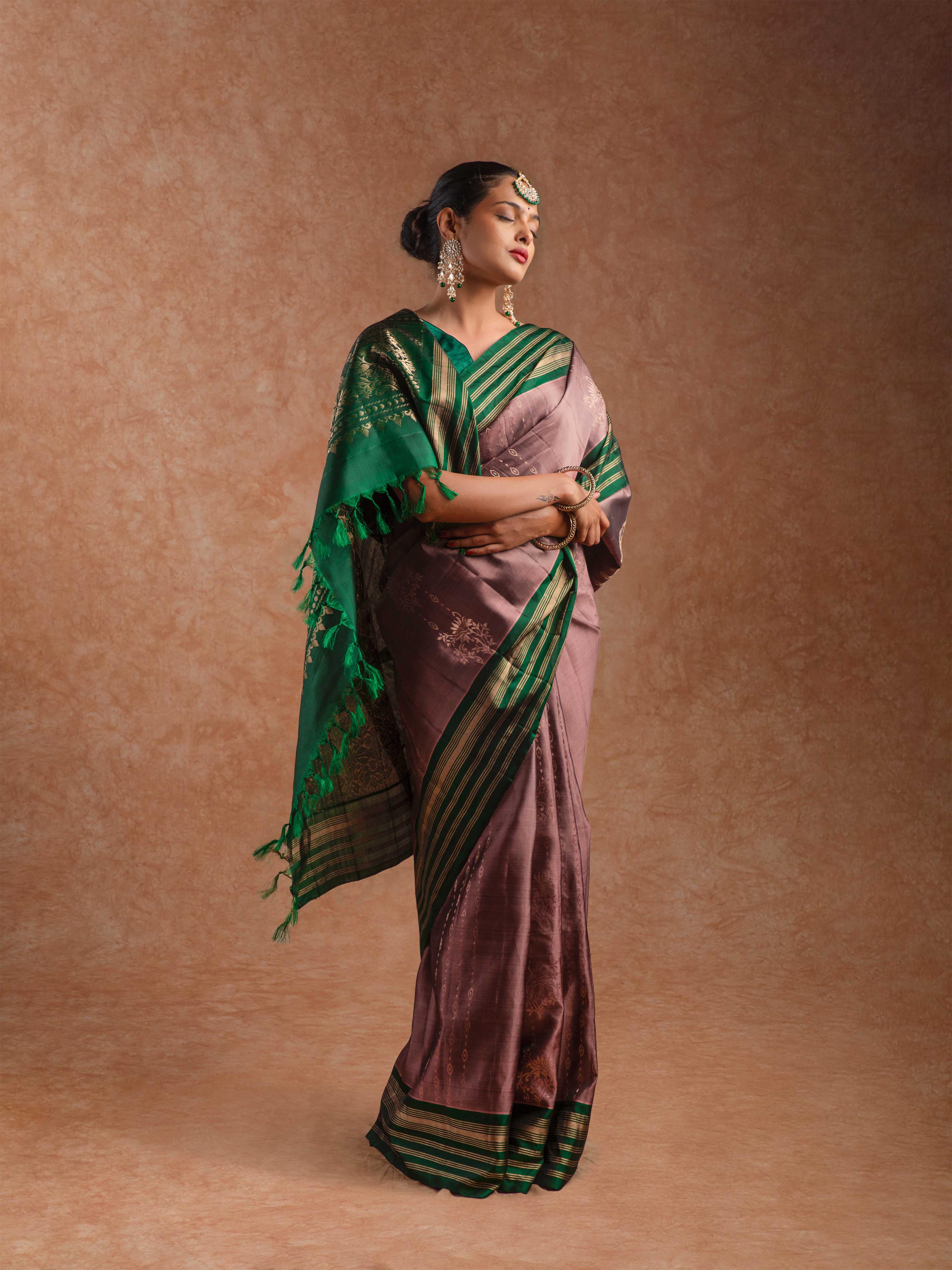 Kanjeevaram Soft Silk Saree in Cocoa & Forest Green