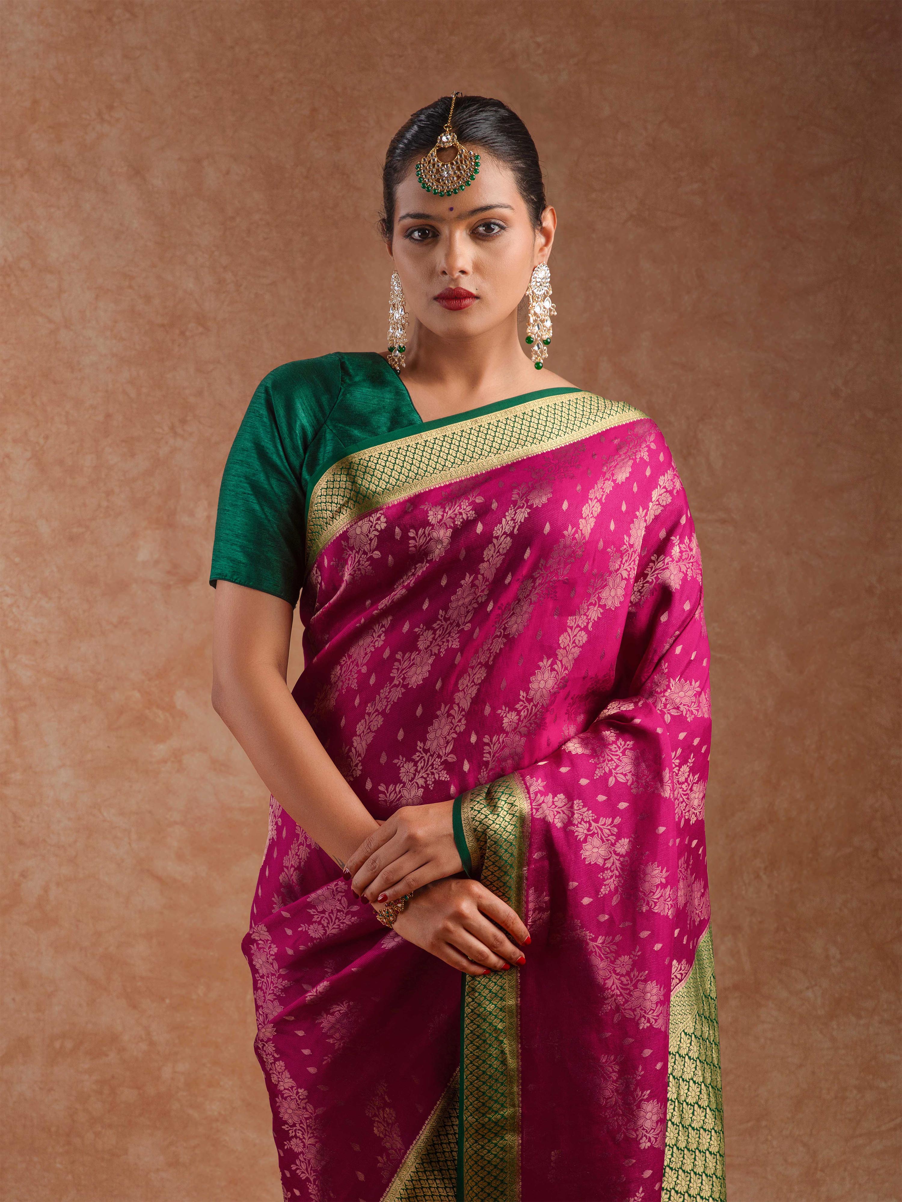 Mysore Crepe Silk Saree in Rani Pink & Deep Emerald