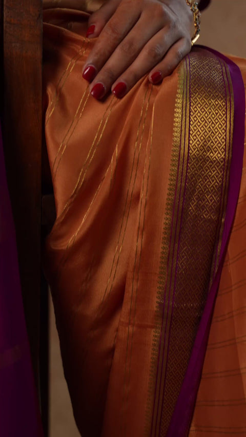 Mysore Crepe Silk Striped Saree in Burnished Ochre & Wine